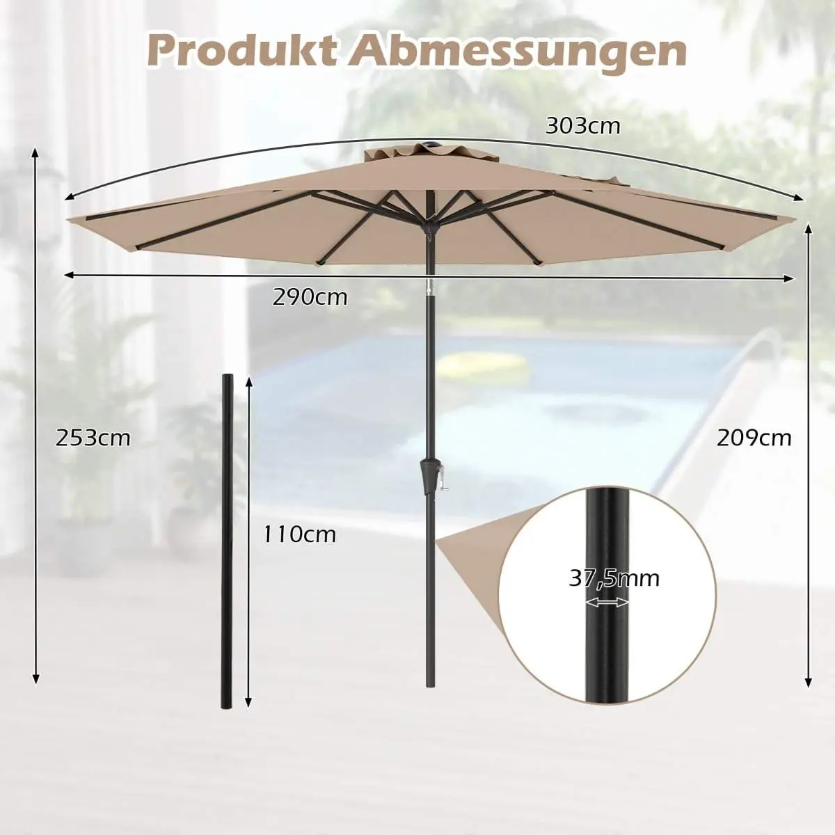 Utendørs parasoll, 303 cm, vippbar og sveivbar, brun