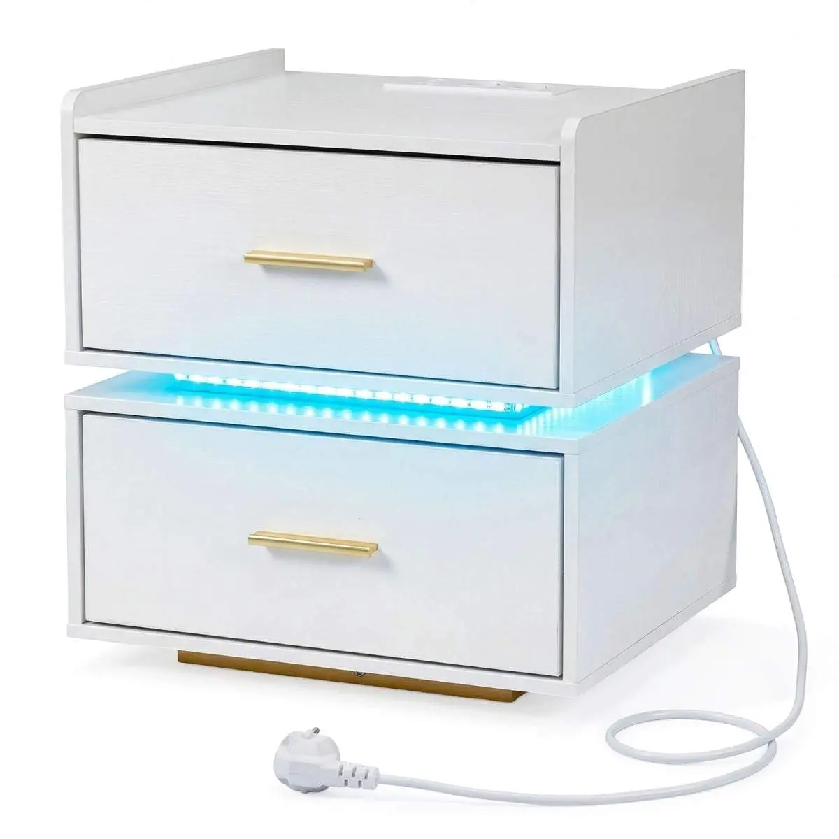 Nattbord med LED, ladestasjon, 2 skuffer, hvit