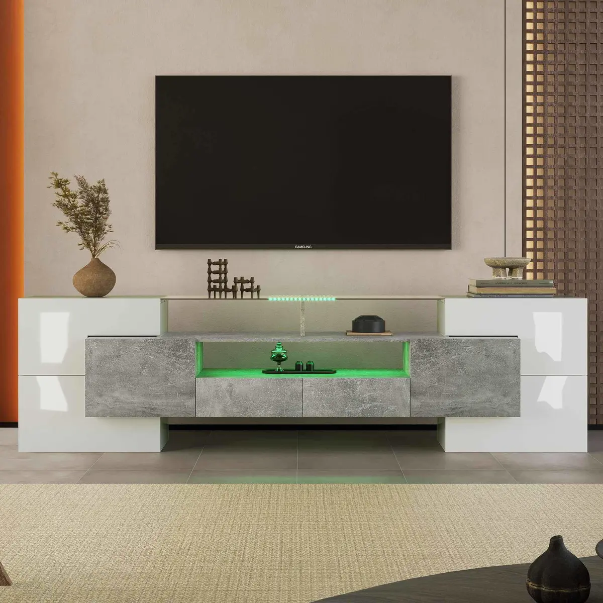 Hvitt, blankt TV-stativ med LED-lys – 200 cm