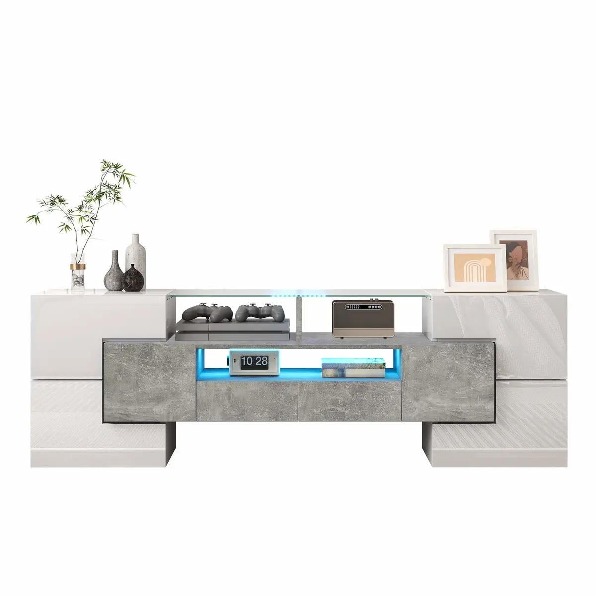 Hvitt, blankt TV-stativ med LED-lys – 145 cm