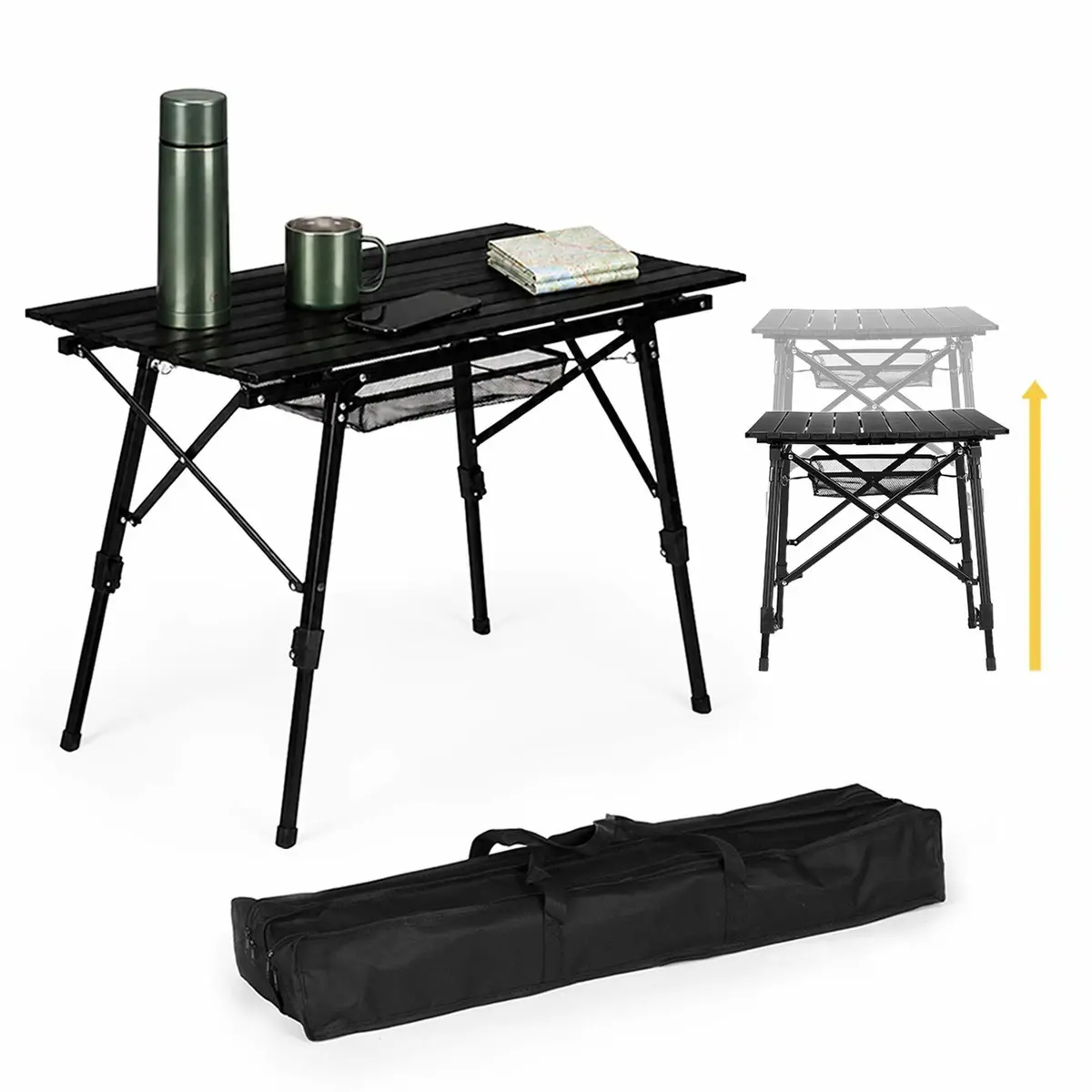 Sammenleggbart campingbord – justerbar høyde, aluminium, svart