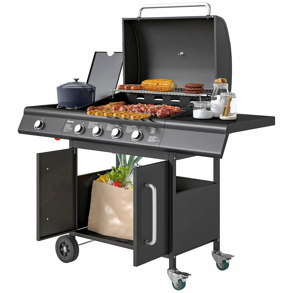Gassgrill med 5 brennere og sidebrenner – svart, 2394 cm²