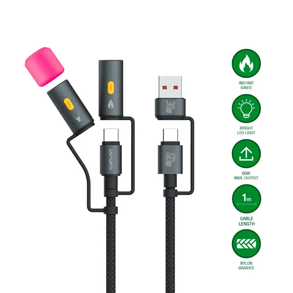4smarts 4-i-1 USB-C Outdoor Kabelsett - 60W / 1m - Svart