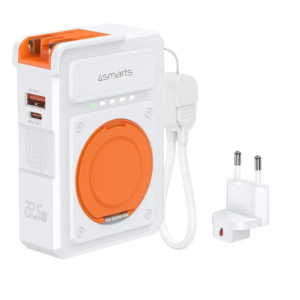 4smarts 6-i-1 10 000 mAh Hybrid Powerbank / Trådløs Lader / Reiseadapter - Hvit / Oransje