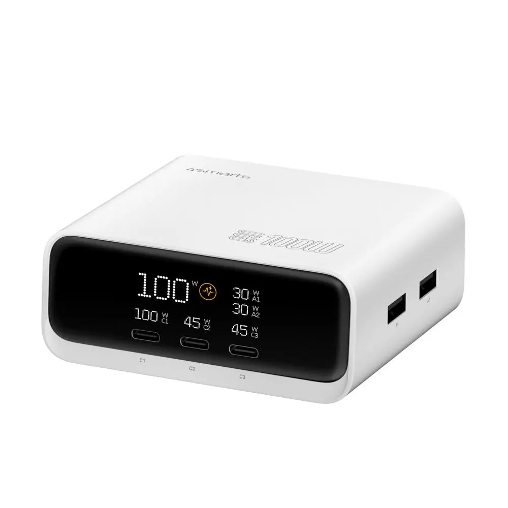 4smarts GaN Bordlader m. Skjerm - 100W / 3x USB-C & 2x USB-A - Hvit