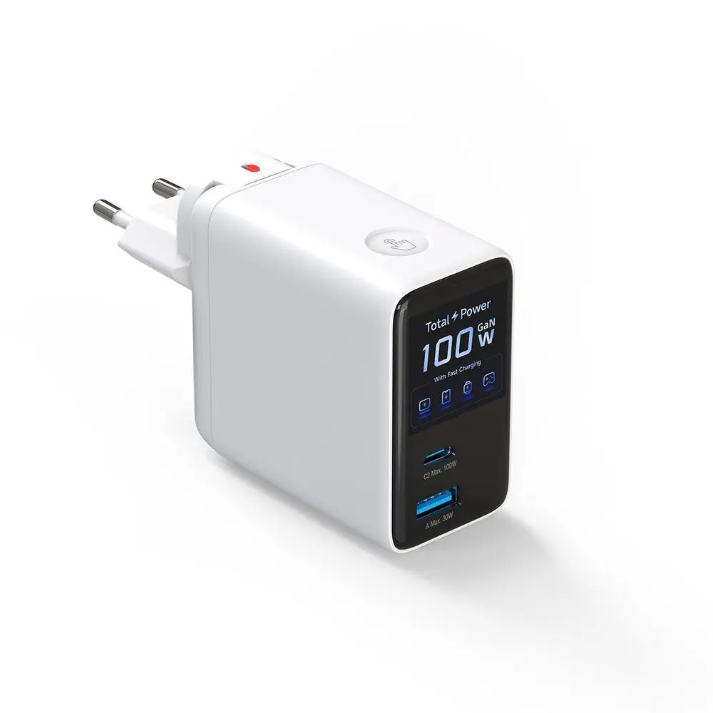 4smarts GaN 100W Vegglader med Skjerm - Innebygd USB-C Kabel - 1 x USB-A - 1 x USB-C - Hvit