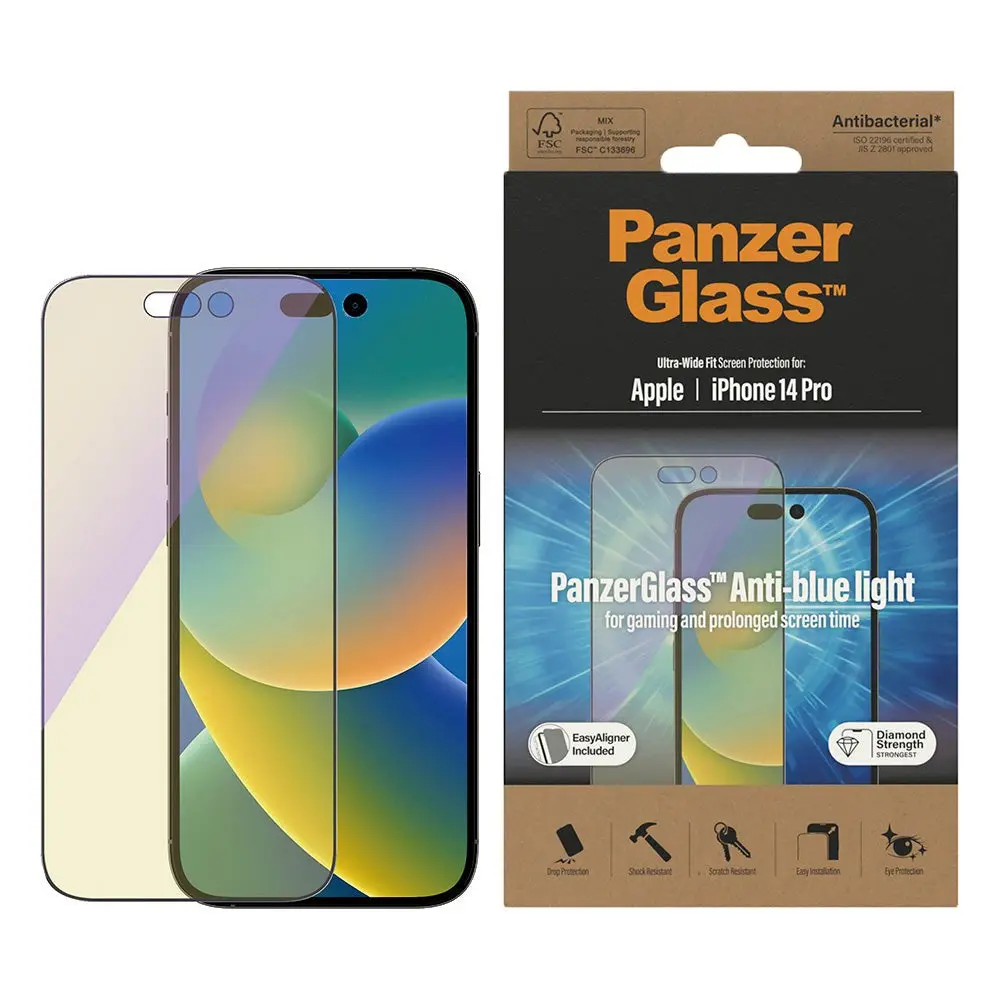 iPhone 14 Pro PanzerGlass AntiBacterial Ultra Wide Fit Beskyttelsesglass- Easy Aligner - Anti-Blue Light