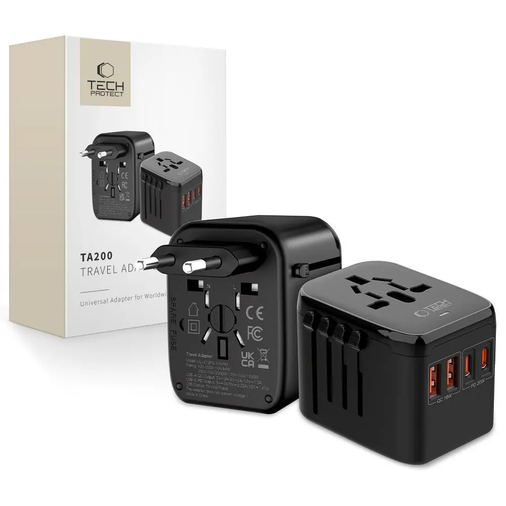 Tech-Protect Reiseadapter EU / UK / US / AU - Svart