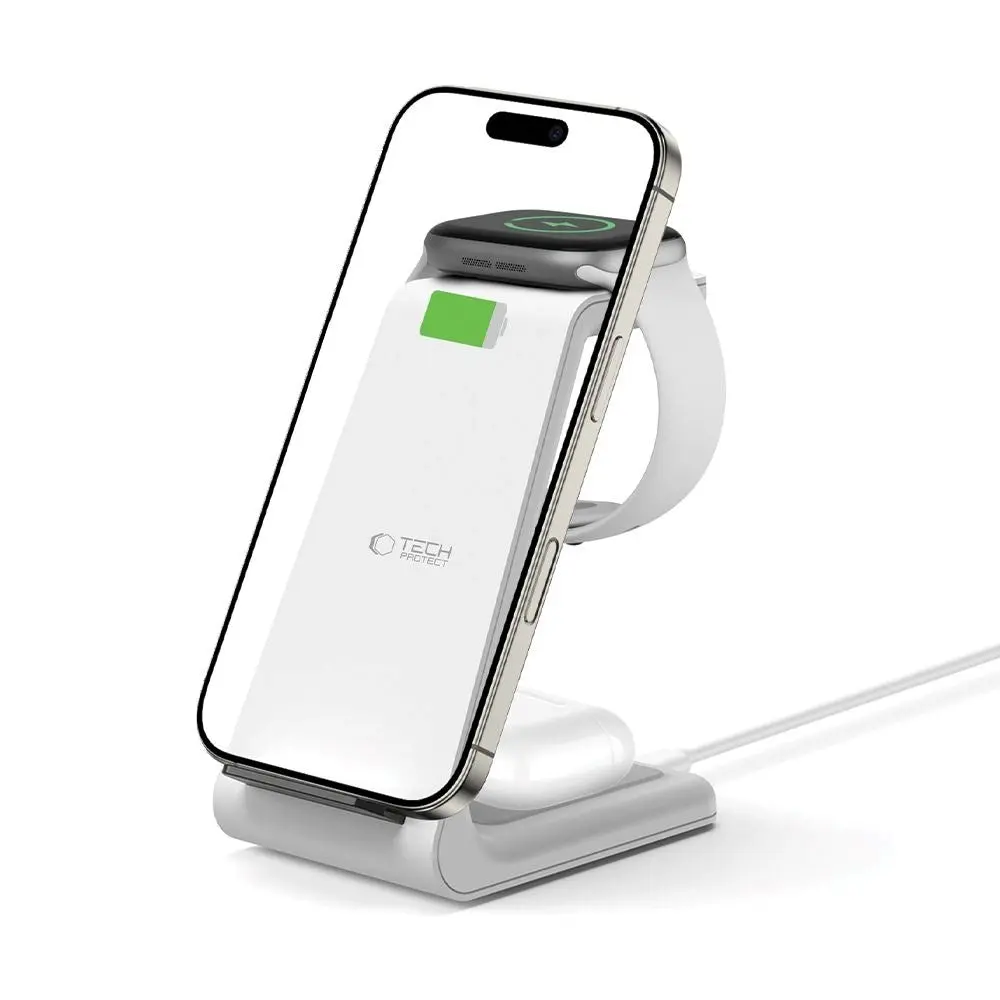 Tech-Protect QI15W-A36 Trådløs Lader med USB-C - 3-i-1 Funksjon - Hvit