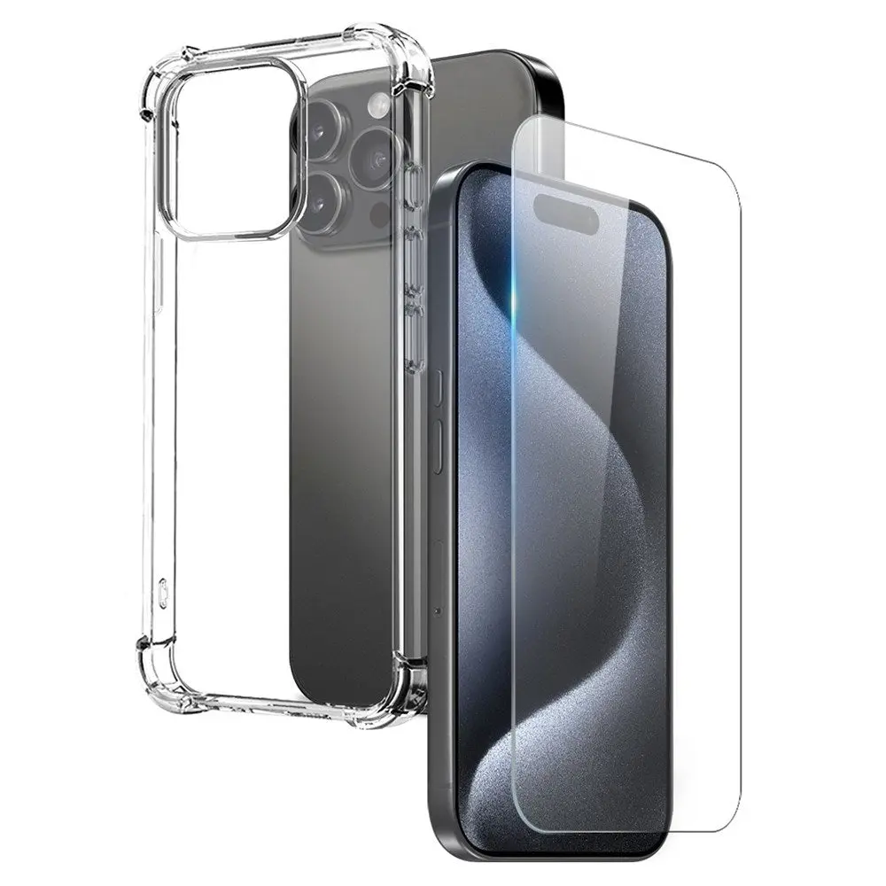 NORTHJO iPhone 15 Pro Max 2-i-1 Beskyttelsessett med Støtabsorberende Fleksibelt Plast Deksel & Herdet Skjermbeskyttelsesglass - Gjennomsiktig