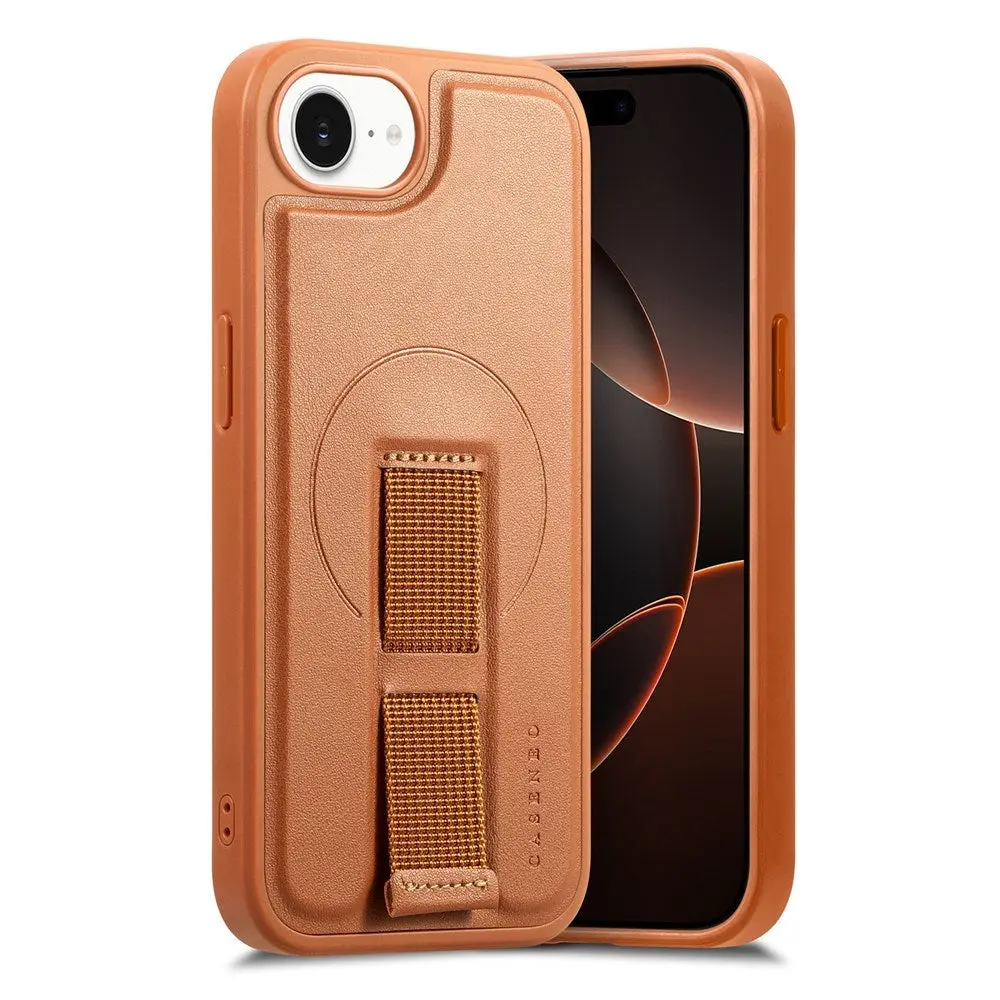 iPhone 17e / 16e Hard Plast Deksel m. Kunstskinn Bakside & Fingerrem - MagSafe Kompatibel - Brun