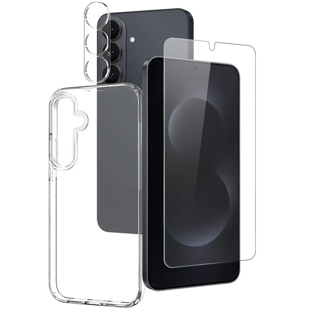 Samsung Galaxy S26+ (Plus) NORTHJO 3-i-1 Beskyttelsessett m. Fleksibelt Plast Deksel / Herdet Skjermbeskyttelsesglass / Kameralinsebeskytterglass - Gjennomsiktig