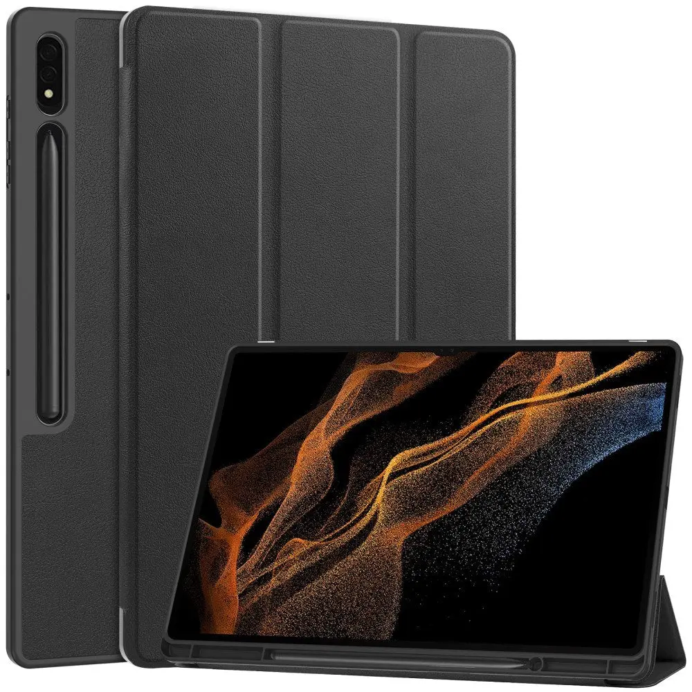 Samsung Galaxy Tab S10 Ultra Tri-Fold Kunstskinn Flip-deksel med Ståfunksjon & Pencil Holder - Svart