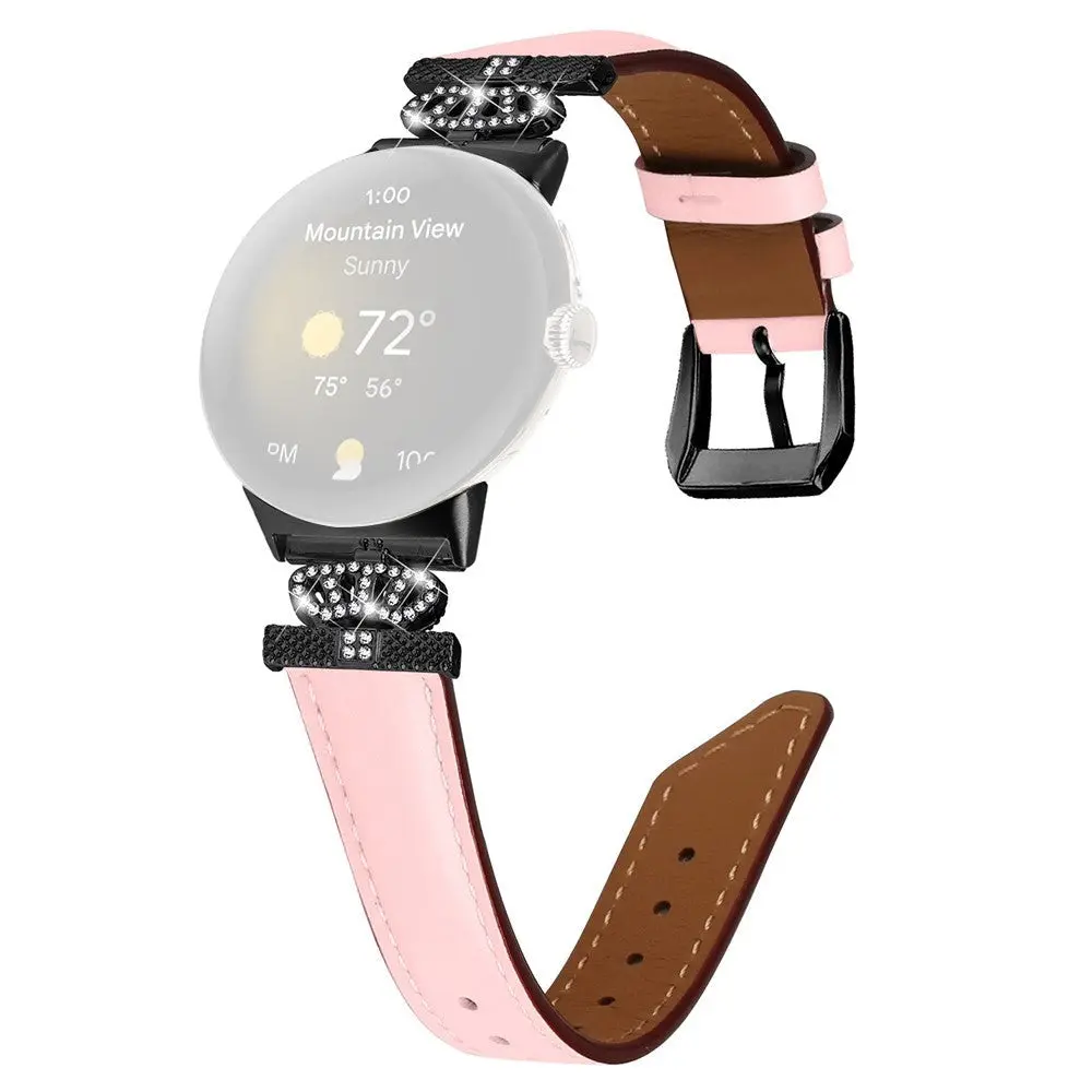 Google Pixel Watch 4 / 3 / 2 / 1 (41mm) Kunstskinn Rem med Svart Rhinstenen Spenne - Rosa