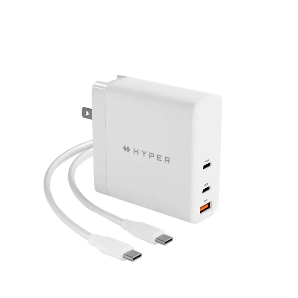 Hyper 140W GaN Vegglader med 2 x USB-C, 1 x USB-A og Reiseadaptere - Hvit