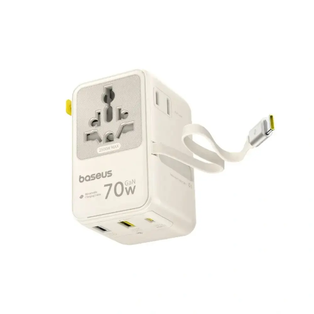 Baseus EnerCore 70W 6-i-1 Reiseadapter m. Uttrekkbart USB-C Kabel - Hvit