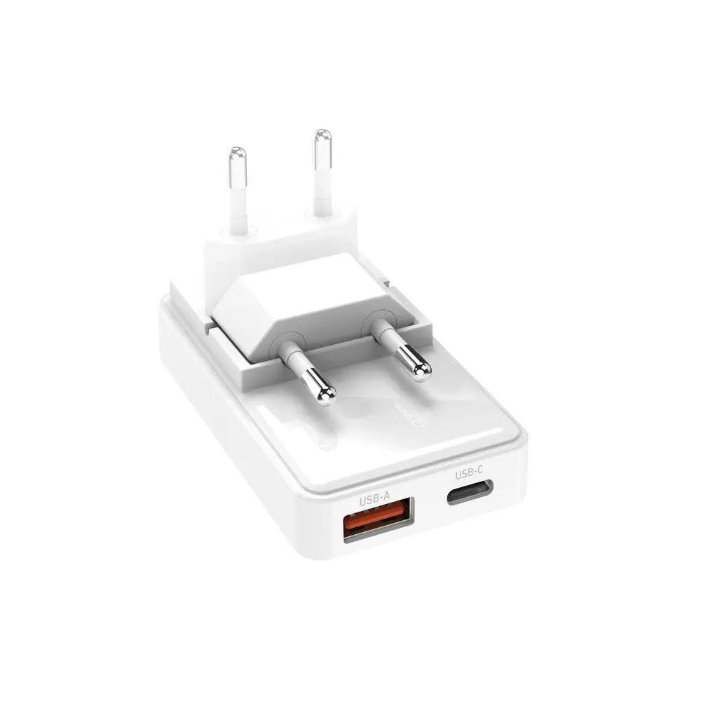 SBS 20W Flexi Sammenleggbar Vegglader m. 1x USB-A & 1x USB-C - Hvit