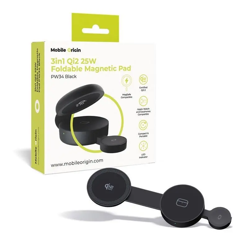 Mobile Origin 3-i-1 Sammenleggbar Trådløs Qi2-Lader for Smarttelefon / Apple Watch / Hodetelefoner - 25W