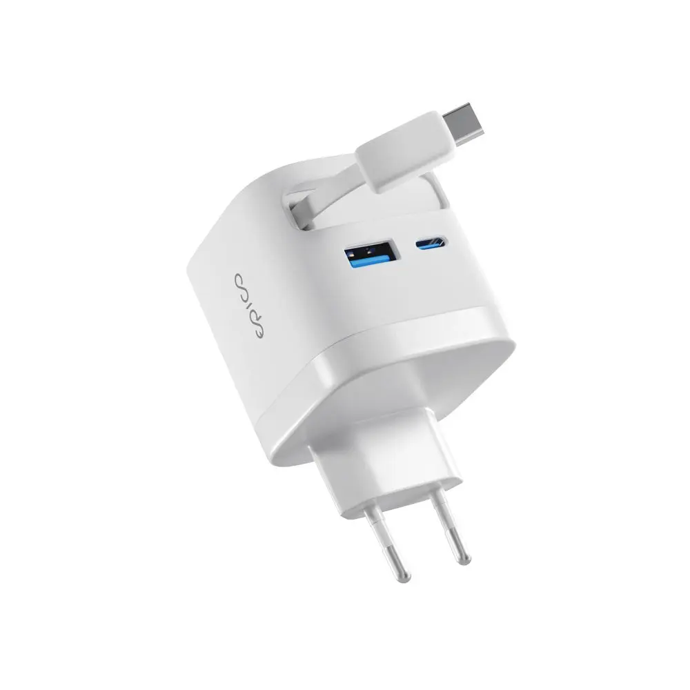 Epico UltraBoost 65W Vegglader m. USB-C / USB-A / Uttrekkbart USB-C Kabel – Hvit