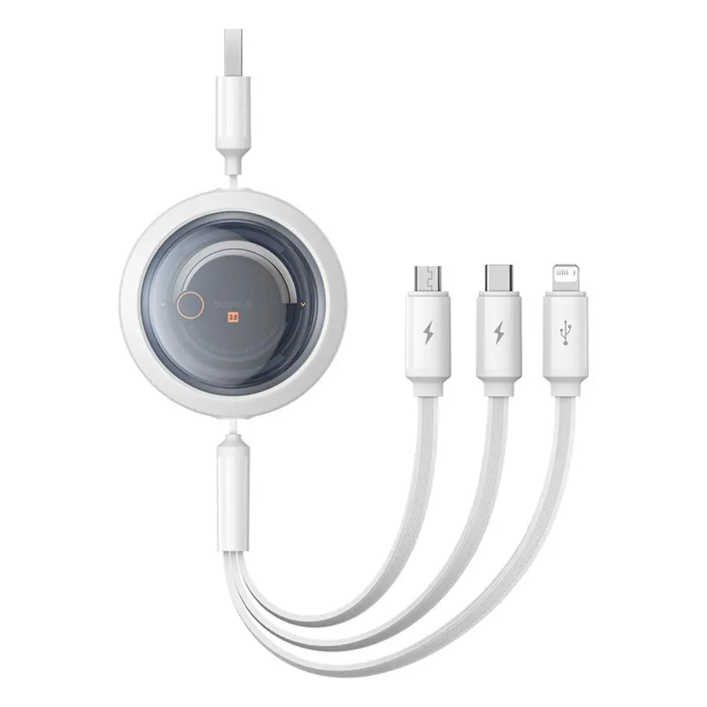 Baseus Free2Draw 3-i-1 Uttrekkbart Multikabel - USB-A til USB-C / Lightning / Micro USB - 1.1m - Hvit