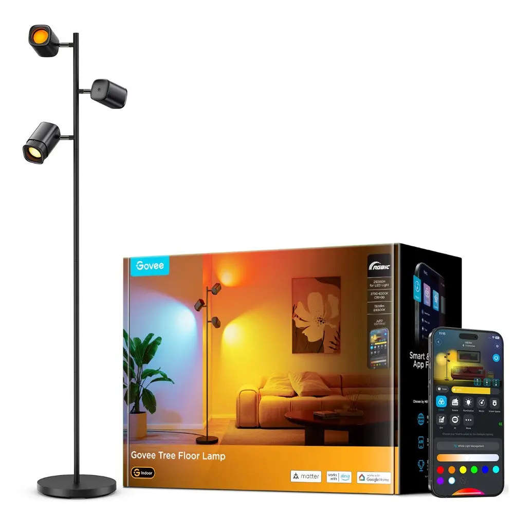 Govee Tree Floor Lamp med 3 Spotter - Svart