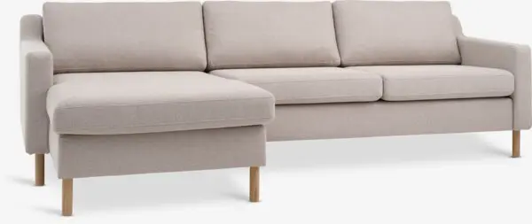 Sofa m/sjeselong HELLERUP beige stoff/natur eik