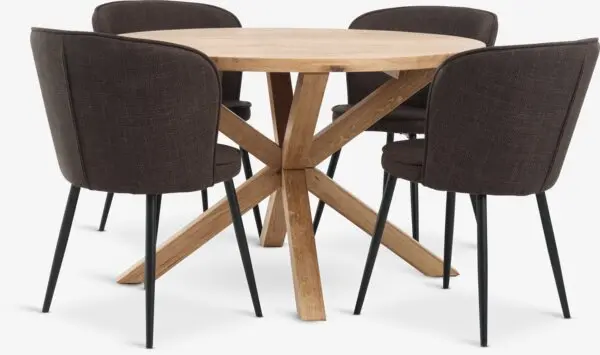 GRIBSKOV Ø120 bord natur eik + 4 RISSKOV stol mørk brun