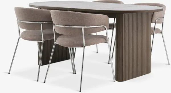 LYNGVIG L180/260 bord mørk eik + 4 RAMSING stol beige/krom