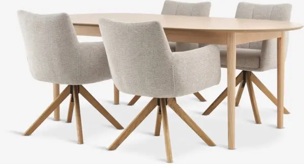 MARSTRAND L200/280 bord natur eik + 4 VEMMETOFTE stol beige
