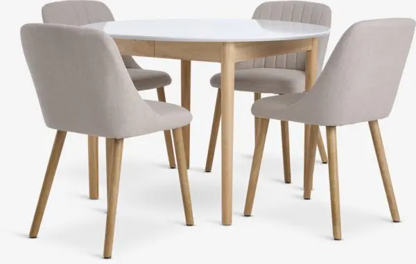MARSTRAND Ø110/200 bord hvit + 4 ADSLEV stol u/armlene beige