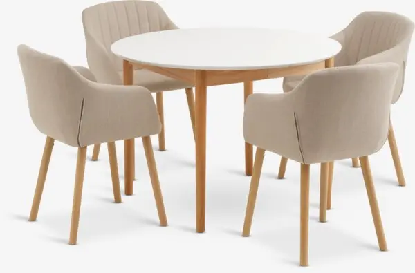 MARSTRAND Ø110/L200 bord hvit + 4 ADSLEV stol beige