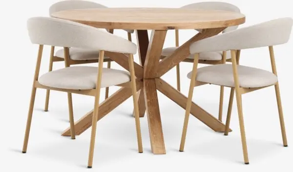 GRIBSKOV Ø120 bord natur eik + 4 EJSING stol beige/natur eik