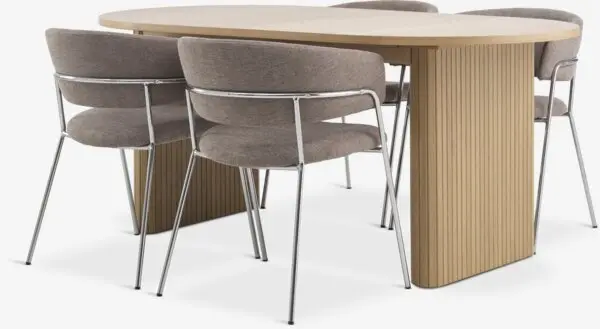 LYNGVIG L180/260 bord natur eik + 4 RAMSING stol beige/krom