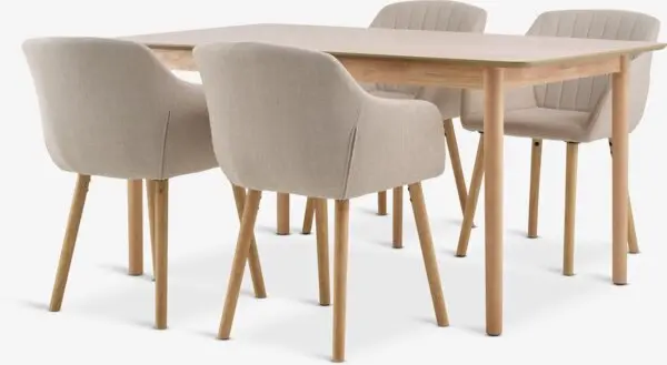 NORDENSKOV L160/240 bord natur eik + 4 ADSLEV stol beige
