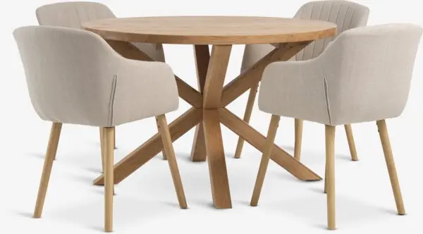 GRIBSKOV Ø120 bord natur eik + 4 ADSLEV stol beige