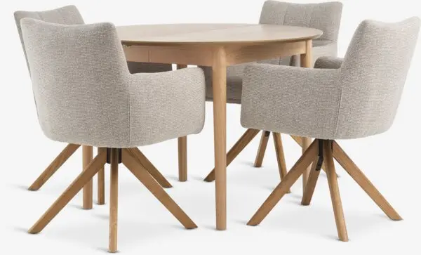 MARSTRAND Ø110/L200 bord natur eik + 4 VEMMETOFTE stol beige