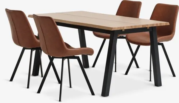 SKOVLUNDE L160 bord natur eik + 4 HYGUM stol konjakk