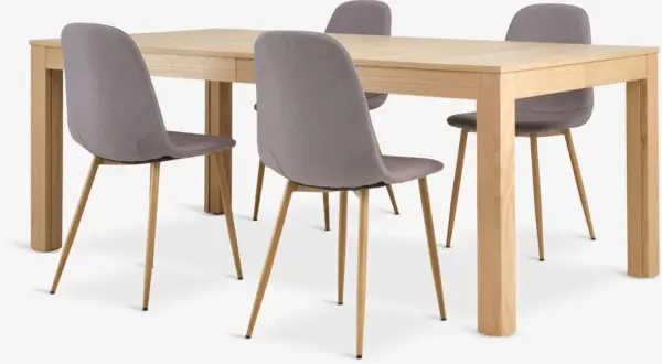 KORSKRO L200/326 bord natur eik + 4 JONSTRUP stol grå/eik