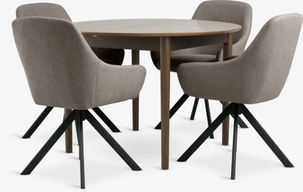 MARSTRAND Ø110 bord mørk eik + 4 ROSTRUP stol sand/svart