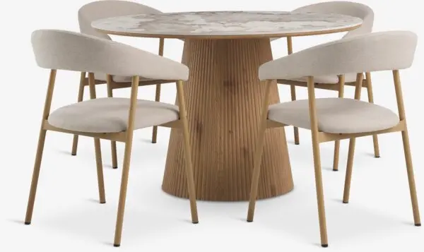 KLIPLEV Ø120 bord marmor-look/eik + 4 EJSING stol beige