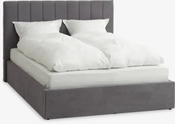 Sengeramme HASLEV 140x200cm m/magasin mørk grått stoff