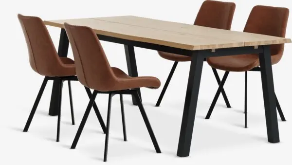 SKOVLUNDE L200 bord natur eik + 4 HYGUM stol konjakk