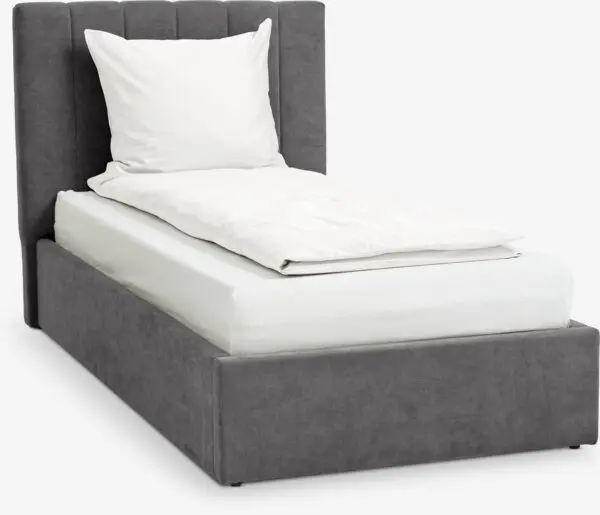 Sengeramme HASLEV 90x200cm m/magasin mørk grått stoff