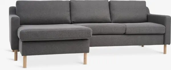 Sofa m/sjeselong HELLERUP grå stoff/natur eik