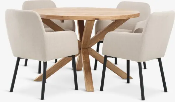 GRIBSKOV Ø120 bord natur eik + 4 SOTTRUP stol beige/svart