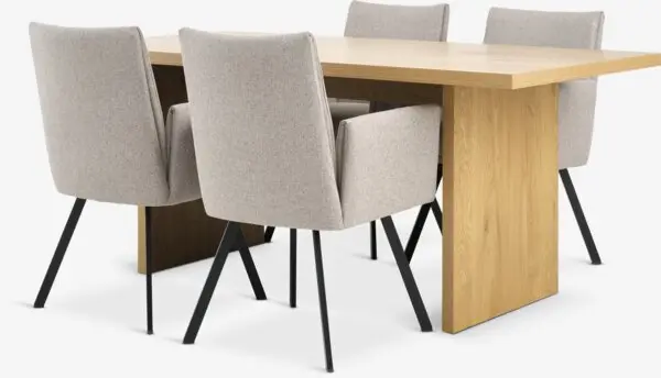 MUNKEBY L180 bord varm eik + 4 GJESING stol beige/svart