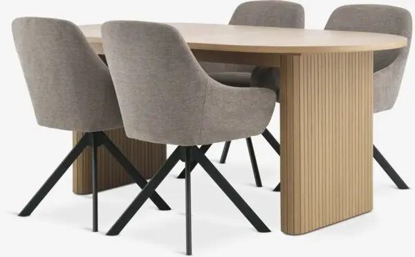 LYNGVIG L180/260 bord natur eik + 4 ROSTRUP stol sand/svart