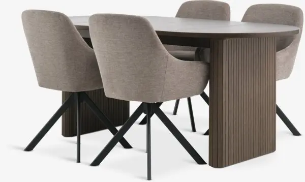 LYNGVIG L180/260 bord mørk eik + 4 ROSTRUP stol sand/svart