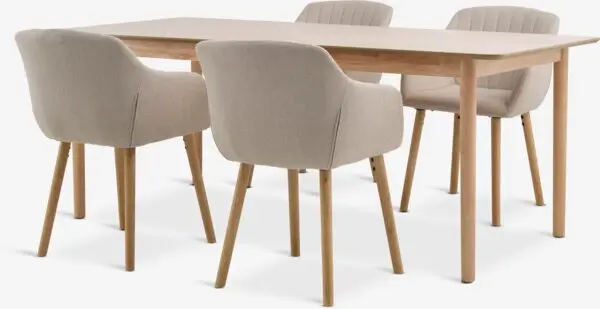 NORDENSKOV L200/280 bord natur eik + 4 ADSLEV stol beige