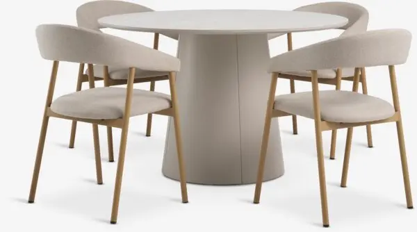 KLIPLEV Ø120 bord travertin + 4 EJSING stol beige/natur eik